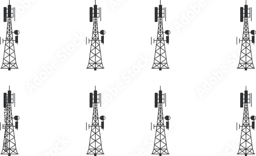 Set of eight wireless communication towers with antennas and satellite dishes, black vector icons on white background, telecommunication infrastructure, network technology symbols, seamless pattern