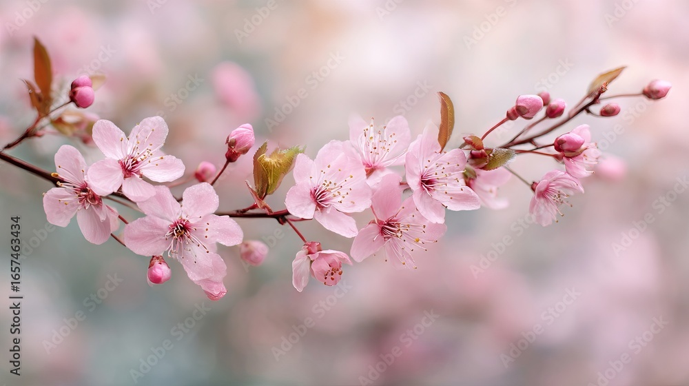 Obraz premium Delicate pink cherry blossoms bloom vibrantly on a branch, signaling spring's arrival with soft focus
