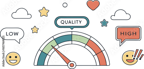Vector art of quality meter showing high satisfaction level isolated on white background