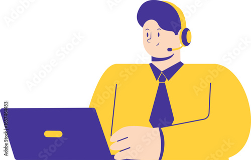 A male customer service representative wearing a headset and working on a laptop computer.