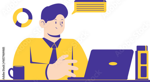 A man in a yellow shirt and blue tie works diligently on a laptop, with a coffee mug and a chart nearby, symbolizing productivity and business.