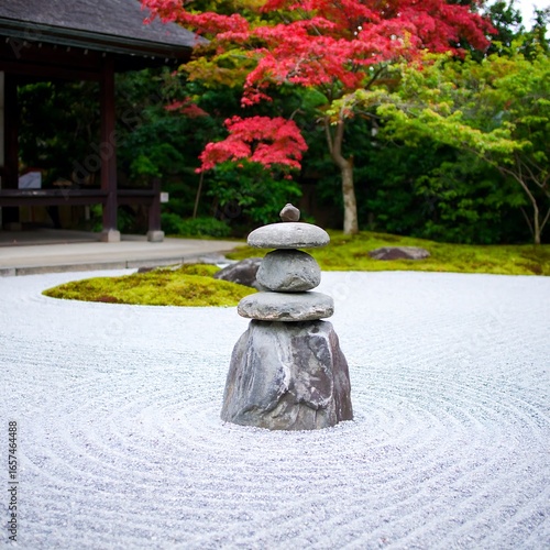 Zen garden with stacked stones