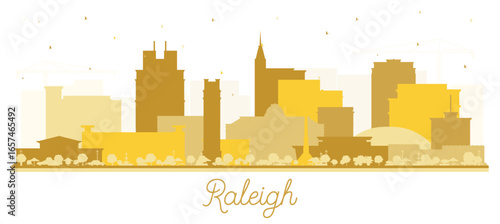 Raleigh North Carolina City Skyline Silhouette with golden Buildings Isolated on White. Illustration. Raleigh Cityscape with Landmarks. Business Travel and Tourism Concept with Modern Architecture.