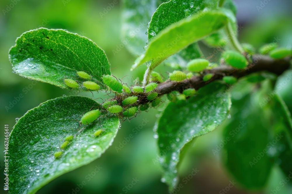 Fototapeta premium Aphid Damage: Green Aphids Infestation on Fresh Green Apple Leaves in the Springtime Garden