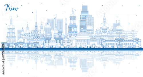 Outline Kiev Ukraine city skyline with blue buildings. Kyiv cityscape with landmarks. Business travel and tourism concept with historic architecture.