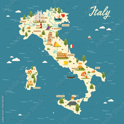 Touristic map of Italy with landmarks, cities, food, and culture icons. Colorful cartoon style showing main attractions and traditions of the country.