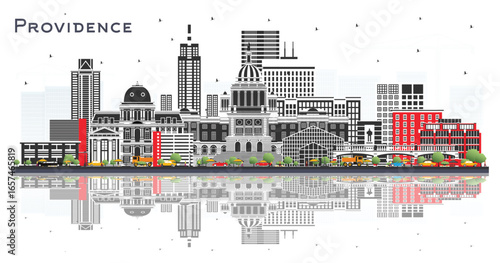 Providence Rhode Island City Skyline with Color Buildings Isolated on White. Illustration. Providence USA Cityscape with Landmarks. Business Travel and Tourism Concept with Modern Architecture.