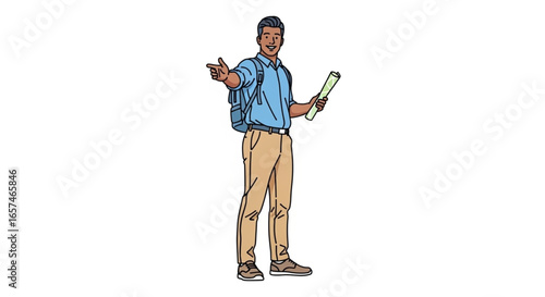 Young man with backpack holding map illustration