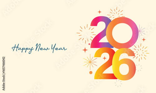 2026 Happy new year celebration greeting card, sparkler font and firework isolated background
