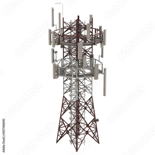 Tall telecommunications tower against white background.
