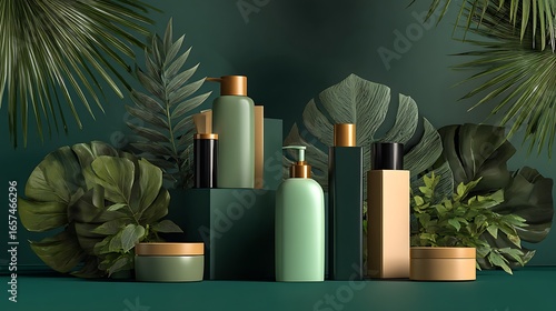 Luxurious natural skincare products arranged with lush greenery and elegant packaging