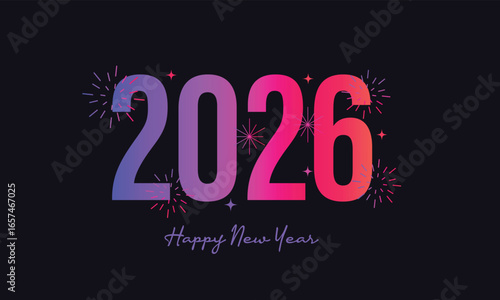2026 Happy new year celebration greeting card, sparkler font and firework isolated background