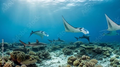 Magnificent Manta Rays Gracefully Swim Over Coral Reefs in a Tropical Ocean Paradise