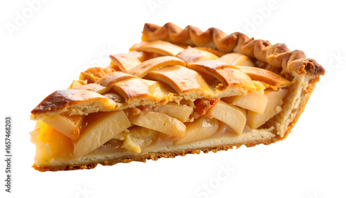 close up of delicious slice of apple pie isolated on transparent background as PNG