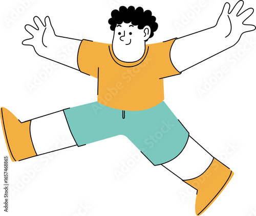 Joyful boy leaps, arms outstretched, celebrating carefree fun.