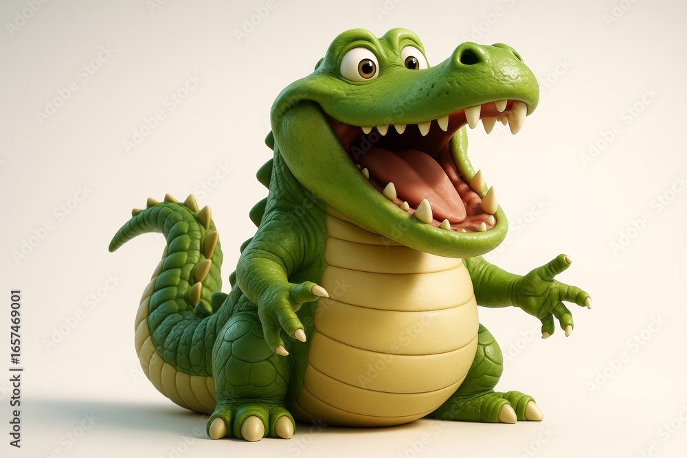 Naklejka premium Playful cartoon crocodile with big eyes and open mouth sitting on neutral background, cheerful animal character in bright lighting.