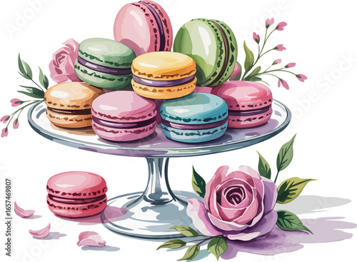 A beautiful display of colorful macarons delicately arranged on a clear glass pedestal, adorned with elegant pink roses. 