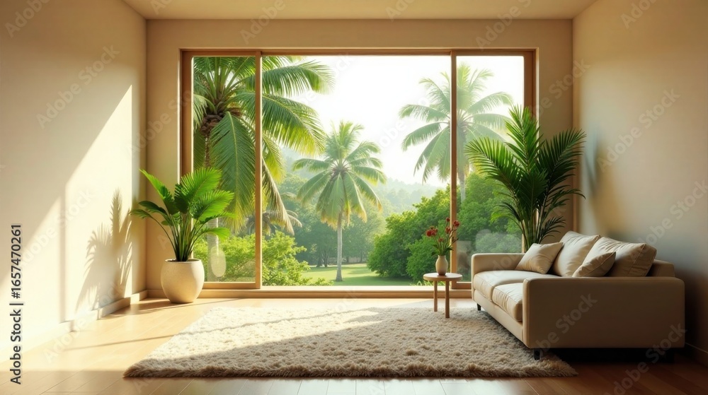 Fototapeta premium Serene Living Room with Expansive Tropical View and Soft Furnishings