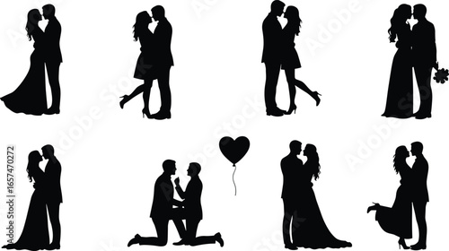 Romantic couple silhouettes, kissing, hugging, wedding, proposal, love balloon, bouquet, valentine’s day, dating, relationship, romance, passion, affection, celebration, togetherness