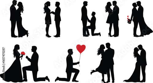 Romantic couple silhouettes, love proposal, wedding, hugging, kissing, valentine’s day romance, heart balloon, flowers, dating, relationship, affection, celebration, passion, togetherness
