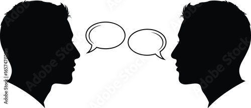 Silhouette communication, two men talking, conversation exchange, dialogue concept, business discussion, teamwork cooperation, human interaction, speech bubbles, face to face