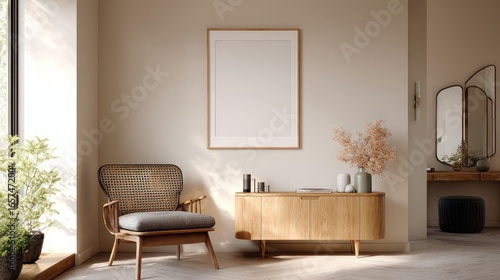 Beige living room with framed art