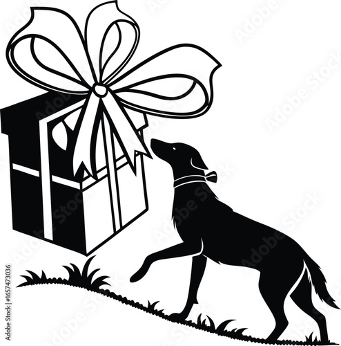 dog silhouette with gift box and ribbon bow vector illustration