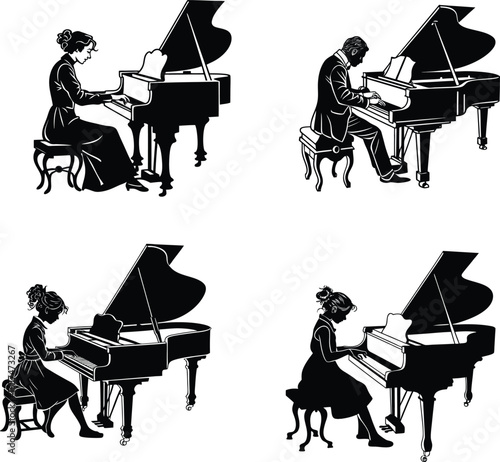 Grand Piano Player Vector Illustration of Male and Female Pianists
