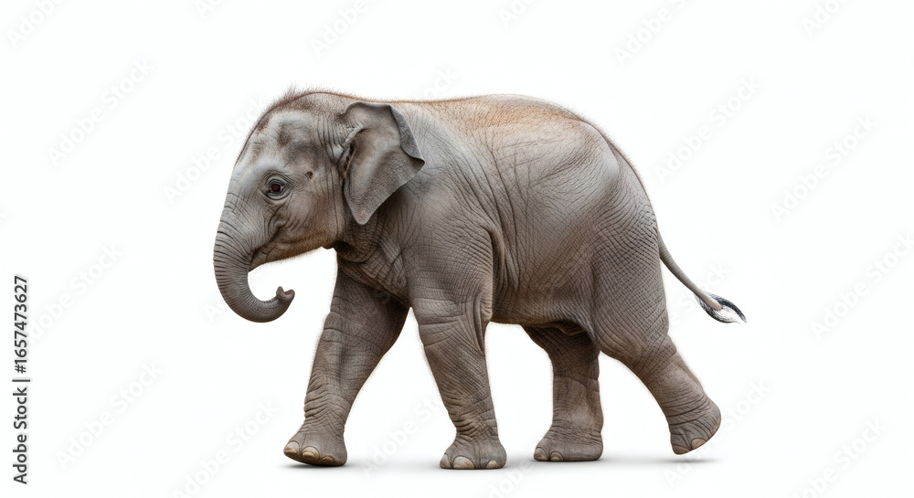 Obraz premium A young elephant walking on a white background with its trunk slightly curled and its tail swaying gently