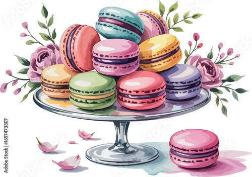 a beautiful arrangement of colorful macarons stacked on a white cake stand, adorned with delicate pink roses and green leaves.