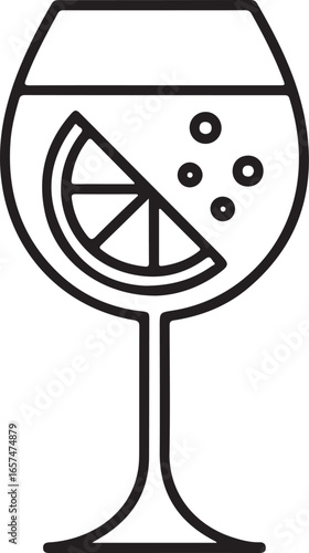 Minimalist outline drawing of a refreshing cocktail with a lemon slice and bubbles