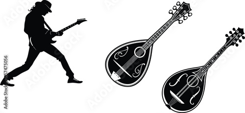 Guitarist Silhouette and Mandolin Vector Illustration
