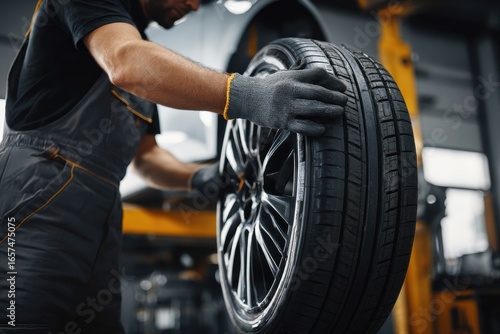 Expert mechanic replacing vehicle tire