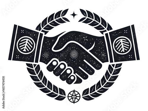 Stylized Handshake with Currency and Laurel Wreath: A Business Partnership Concept isolated on transparent background
