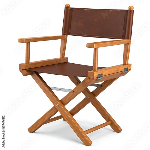 Wooden director's chair with brown leather seat and back (1)