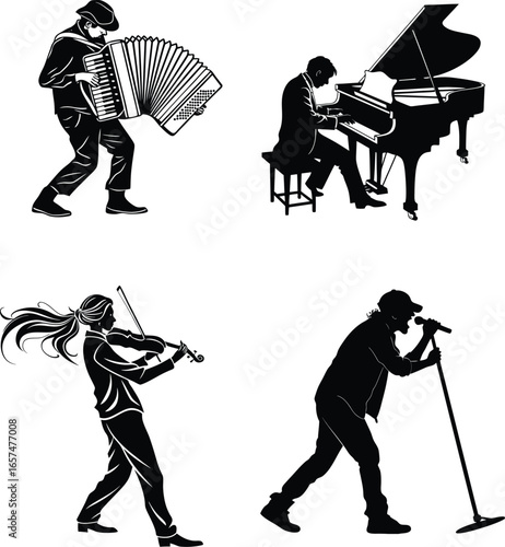 Musician Silhouette Vector Set – Singer, Violinist, Pianist, Accordion Player