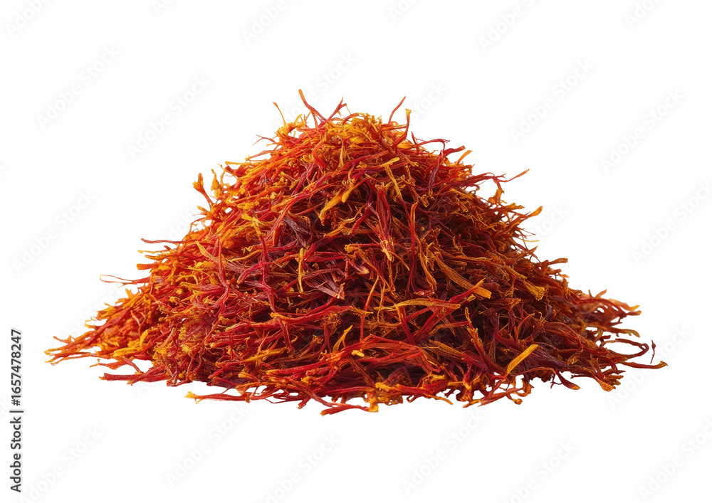 Naklejka premium Pile of vibrant orange-red spice. A mound of dried saffron threads, richly hued and textured, sits against a black background