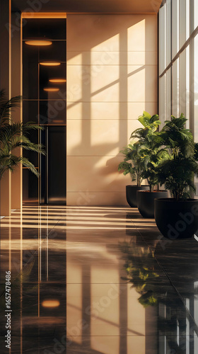 A luxurious elegant lift lobby in a highend energy and technology HQ Saudiinspired elegance with minimalist design polished marble floors with subtle reflections i