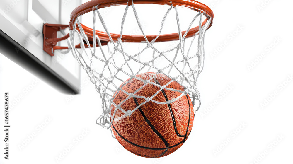 Fototapeta premium Basketball hoop net ball sport scoring orange competition recreation isolated excitement success closeup white background