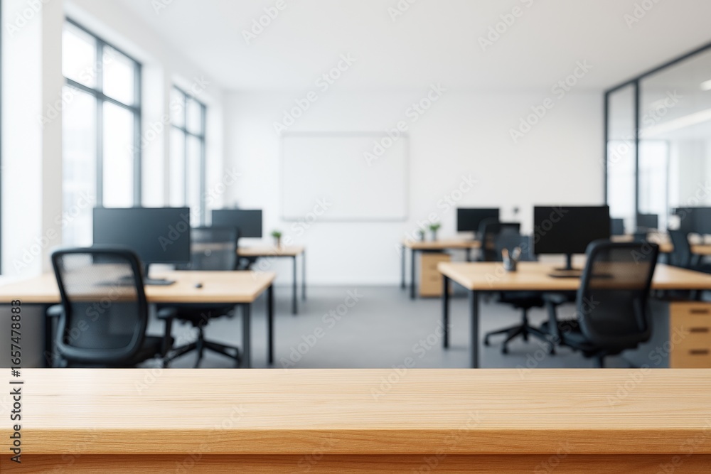 Fototapeta premium Modern open office interior with wooden desk in foreground and blurred workspace in background for branding or product display concept.