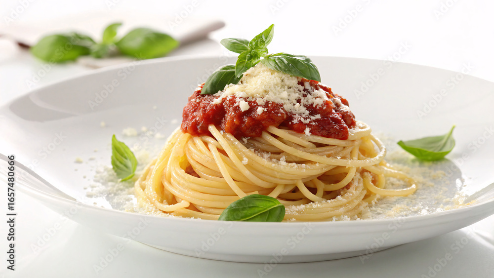 Spaghetti with tomato sauce, grated cheese, and fresh basil on white plate Spaghetti with tomato sauce, grated cheese, and fresh basil on white plate