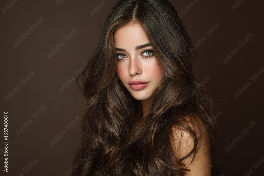 Fototapeta premium Brunette woman with lovely long hair and a stylish hairstyle