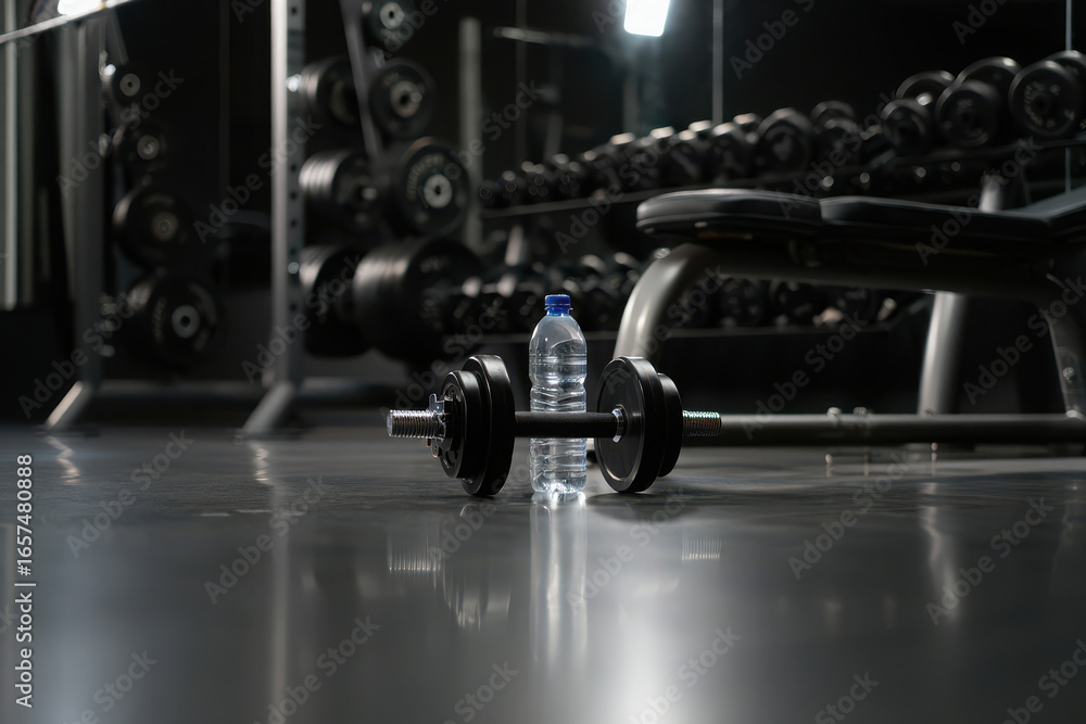 Fototapeta premium Dumbbell and water bottle on gym floor with equipment in background