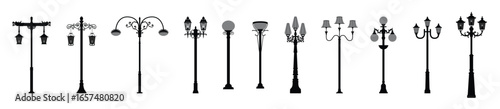 Streetlamp vector set, Outdoor streetlamp, vintage antique lamppost or modern streetlight for night city park street light decoration lamp pole lantern, set exact vector illustration