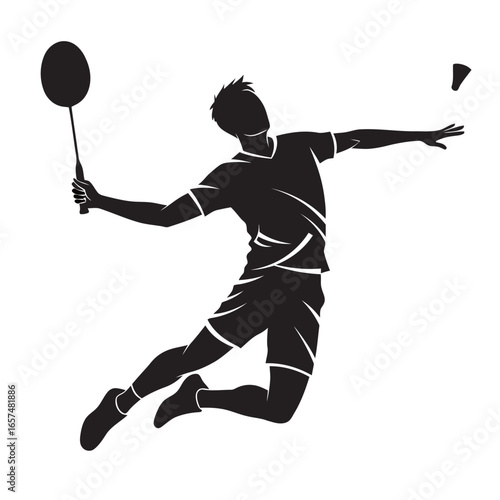 black and white silhouette of jumping smash badminton technique with white background
