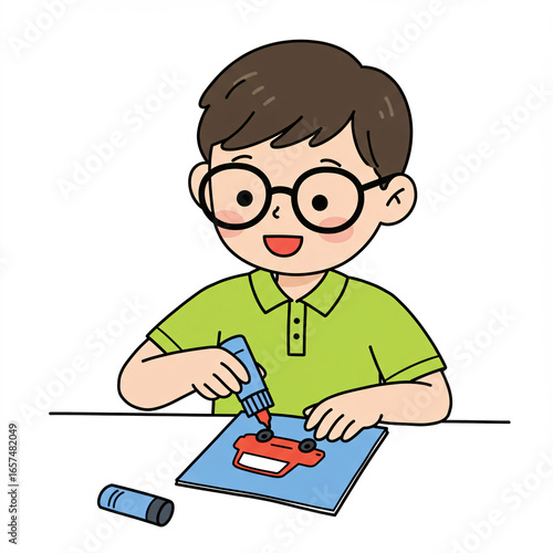 Young schoolboy reading a book while a cartoon student studies with a tablet, showing the fun of childhood education