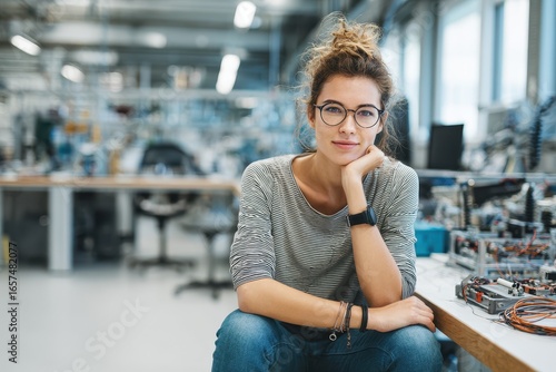 Image of a young woman scientist at her engineering lab desk facing the camera with space for text