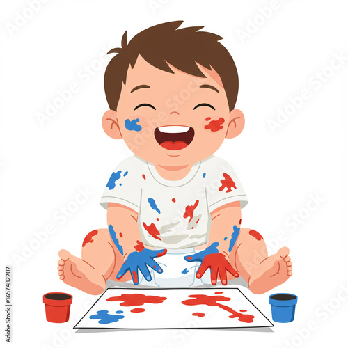 A happy little boy draws a fun cartoon illustration of a smiling baby eating cake