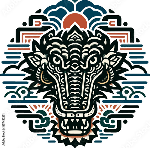 Vector sketch of a crocodile head logo icon symbol illustration design of a dragon with fangs in a classic ethnic style, vintage, traditional, abstract, modern