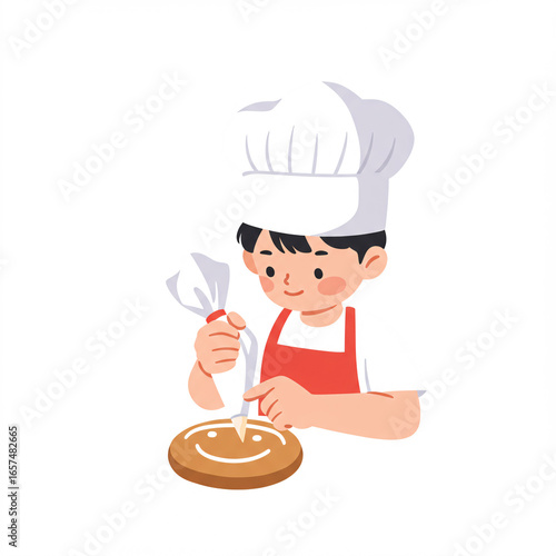 Happy cook in a cartoon chef hat holding a gourmet meal with red bouncy on top of the cake